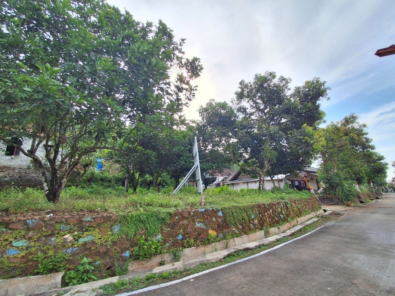 Tembok pagar batu warna-warni sisi kavling Sabrangan dengan tiang listrik dan pohon rindang.