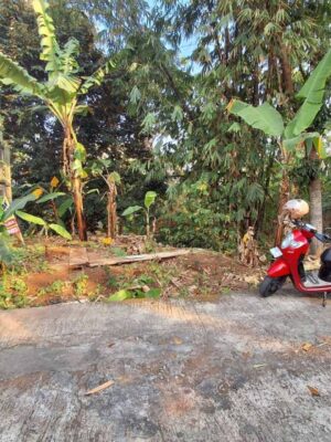 Lahan tanah SHM 422 m2 di Banaran Gunungpati dengan pagar sisi tetangga, jalan aspal lebar, dan kontur terasering. Lokasi 1 km dari Kampus UNNES, cocok untuk kos-kosan mahasiswa.