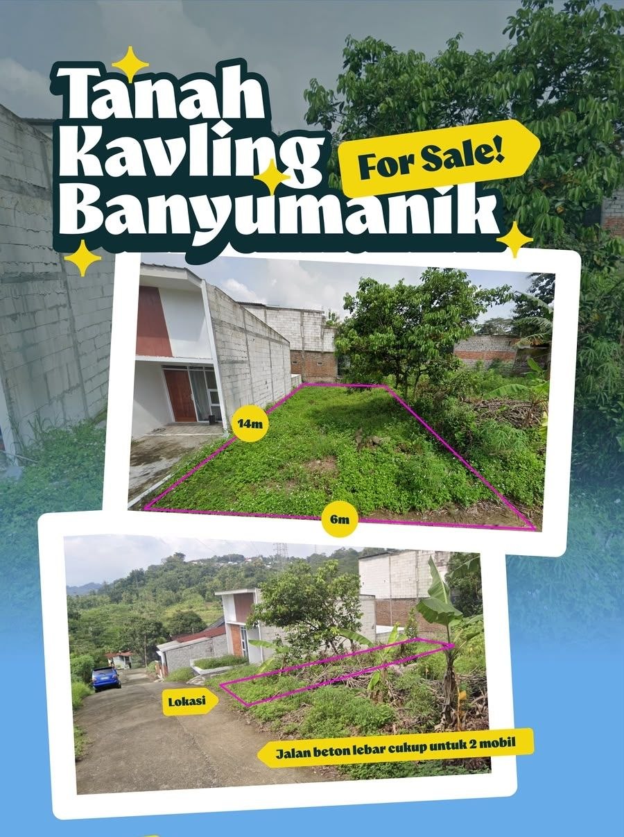 Tanah Kavling Banyumanik For Sale - view lahan 6x14 meter dengan label ukuran dan akses jalan beton lebar untuk 2 mobil